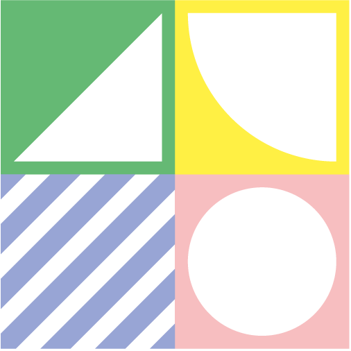 Vier geometrische Formen in farbigen Quadraten: Dreieck, Halbkreis, Streifen, Kreis.