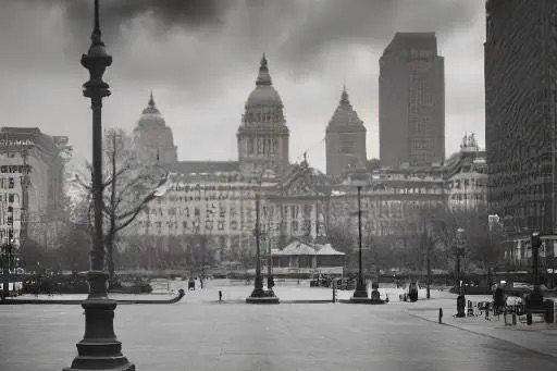 Ein historisches Regierungsgebäude mit Kuppeln an einem bewölkten Tag, menschenleerer Platz vorne.