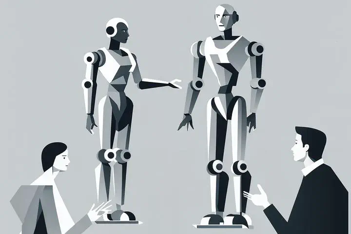 Zwei Menschen diskutieren mit zwei humanoiden Robotern.